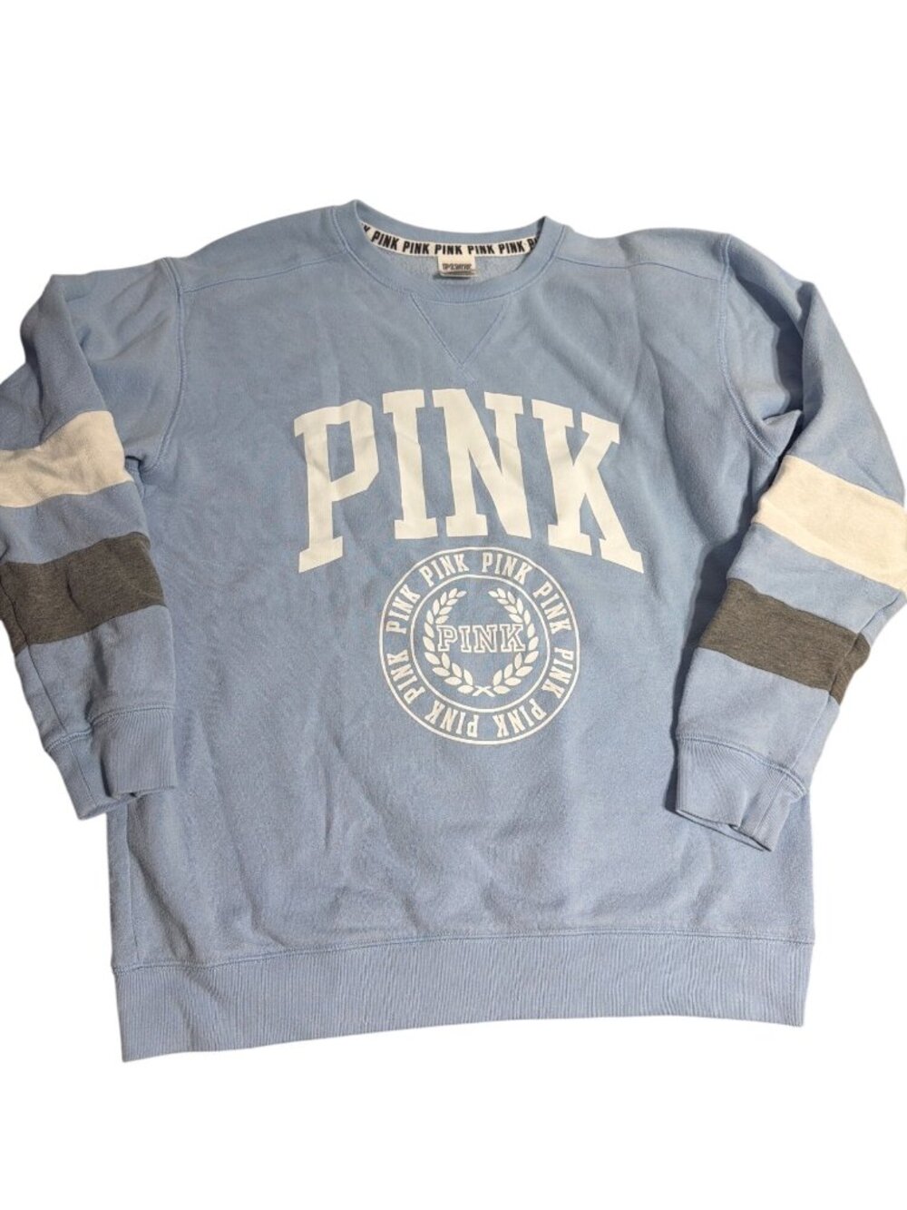 PINK Victorias Secret Blue Crewneck Sweatshirt White Gray Stripes Graphic Sz XS